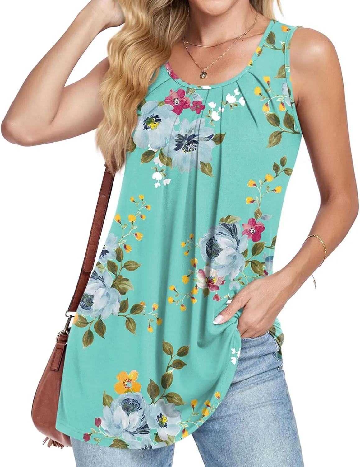 Anymeet Womens Tank Tops 2025 Spring Sleeveless Tunic Casual Basic Tshirts with Leggings Loose Pleated Blouses