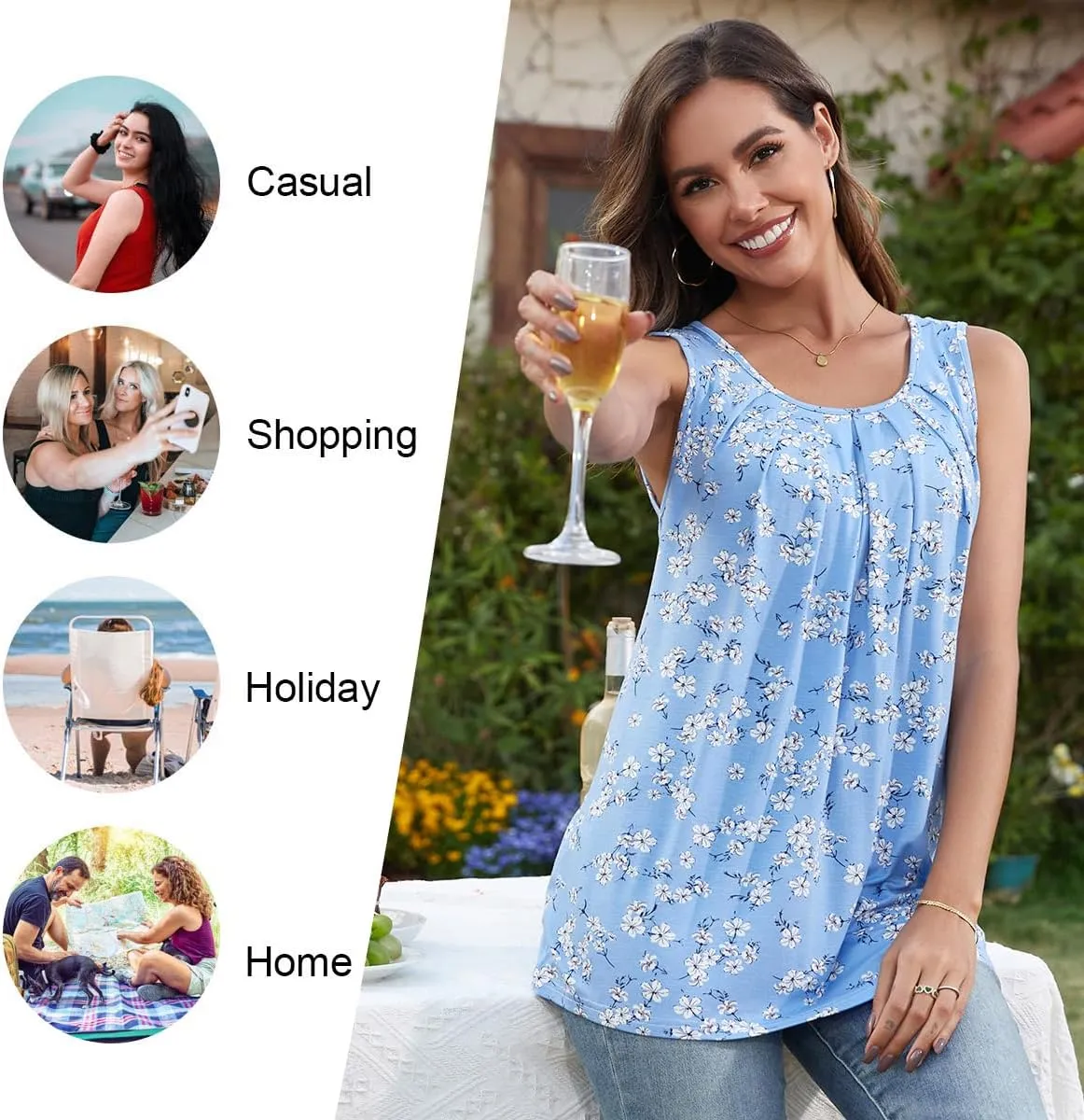 Anymeet Womens Tank Tops 2025 Spring Sleeveless Tunic Casual Basic Tshirts with Leggings Loose Pleated Blouses