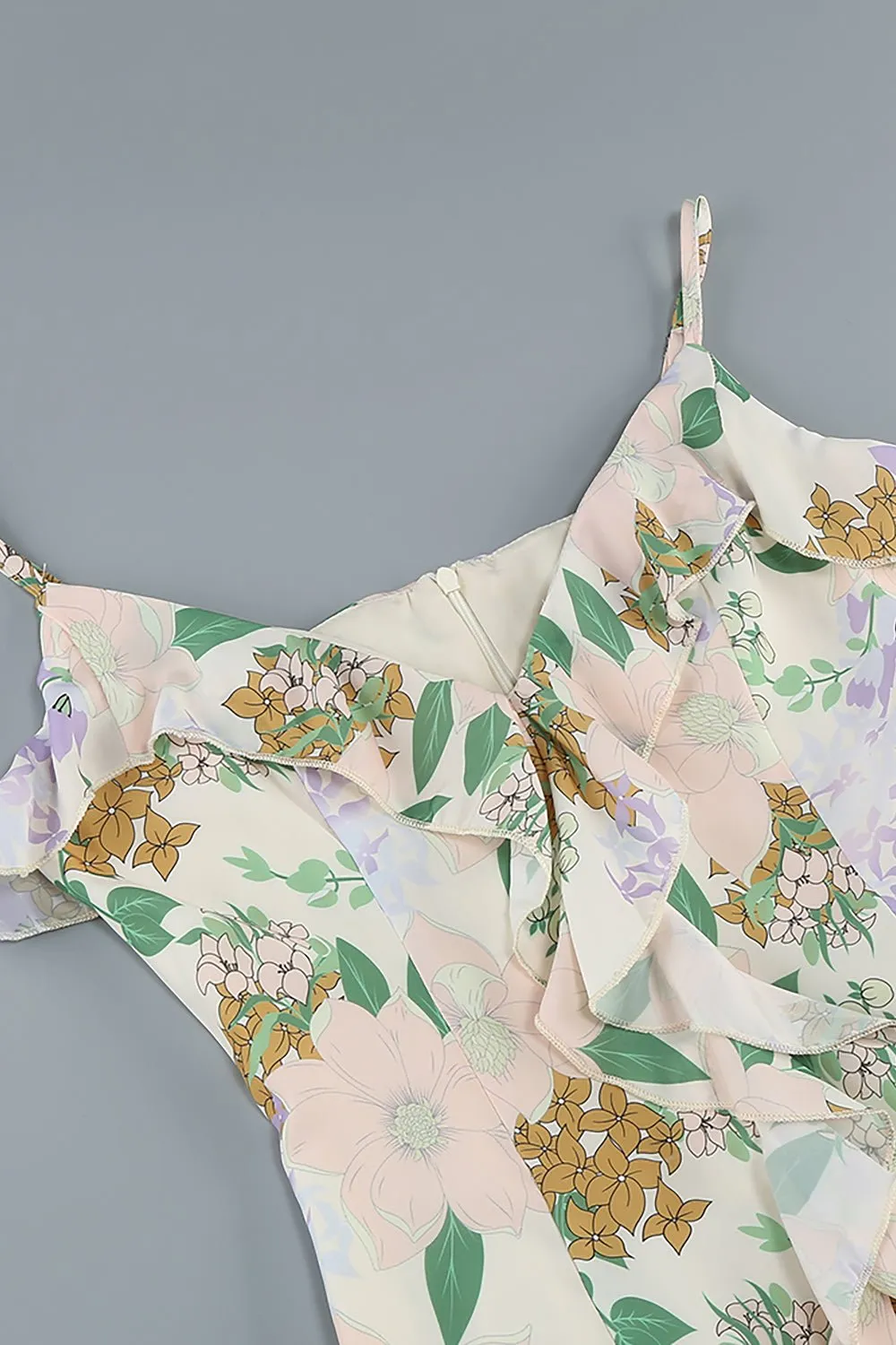 Asymmetrical Ruffled Floral Draped Maxi Dress in Beige