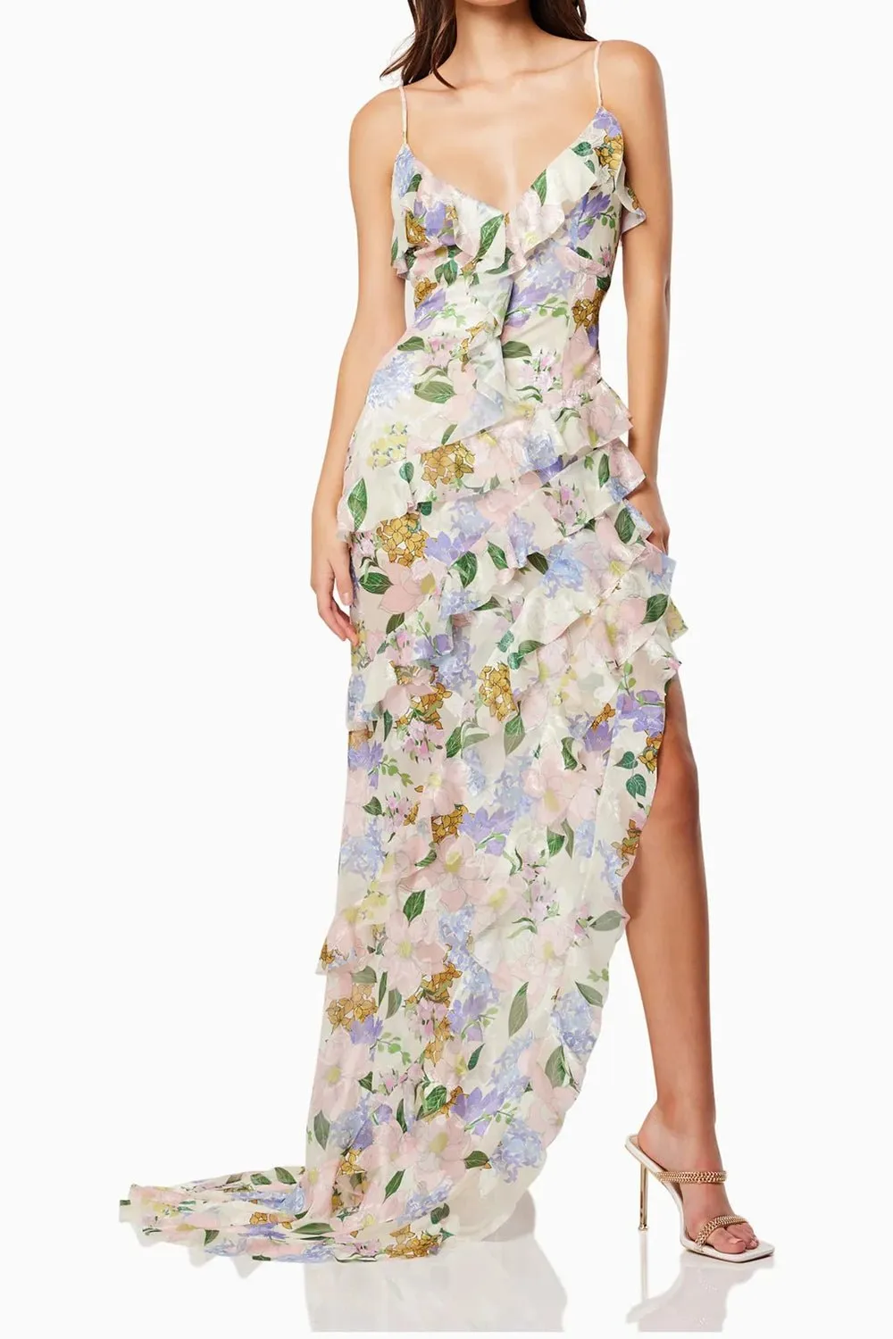 Asymmetrical Ruffled Floral Draped Maxi Dress in Beige