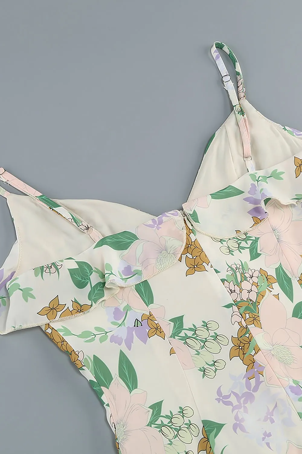 Asymmetrical Ruffled Floral Draped Maxi Dress in Beige