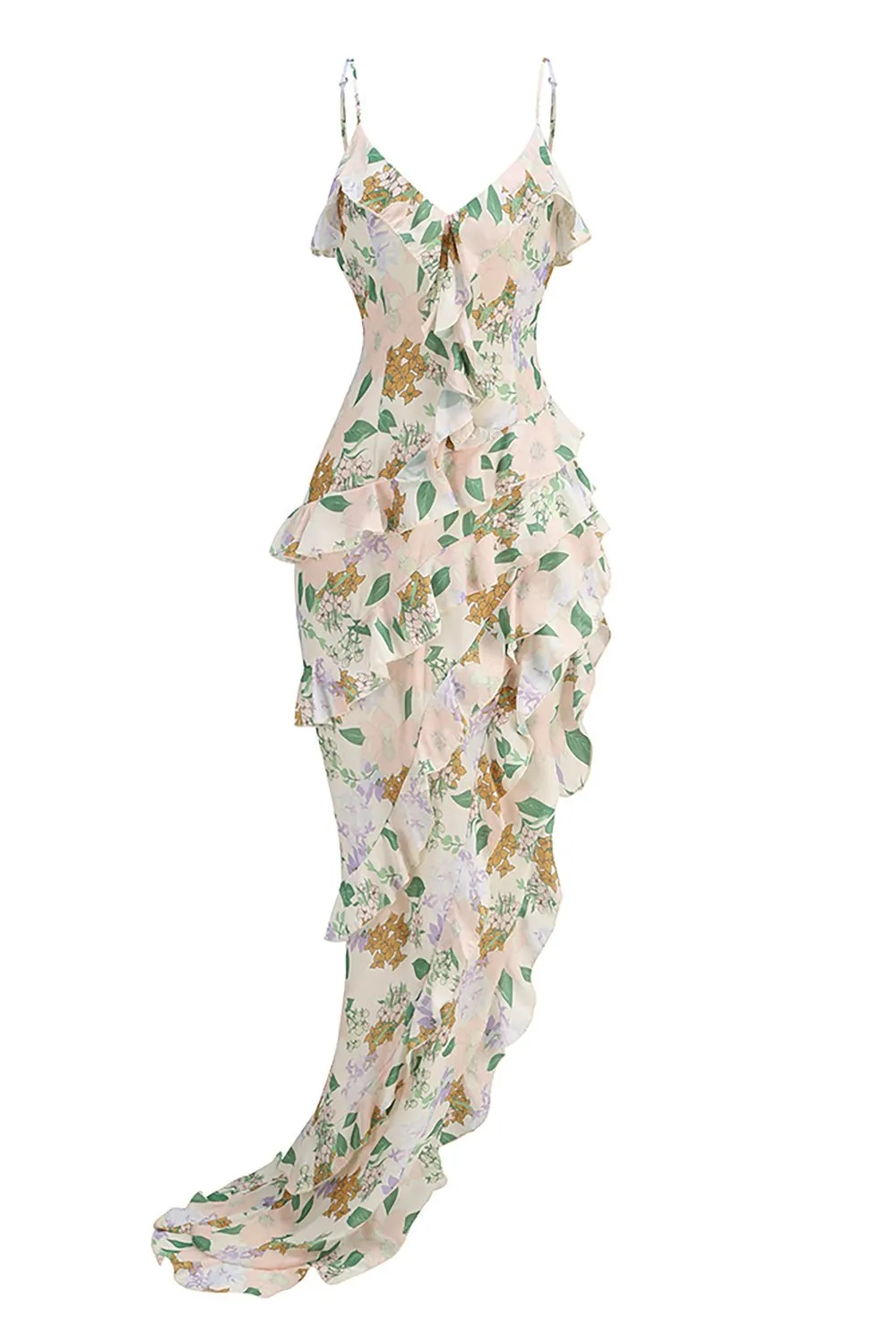 Asymmetrical Ruffled Floral Draped Maxi Dress in Beige