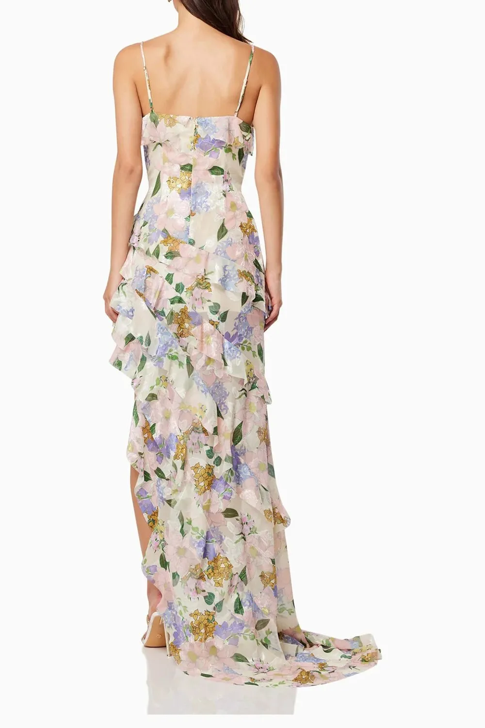 Asymmetrical Ruffled Floral Draped Maxi Dress in Beige