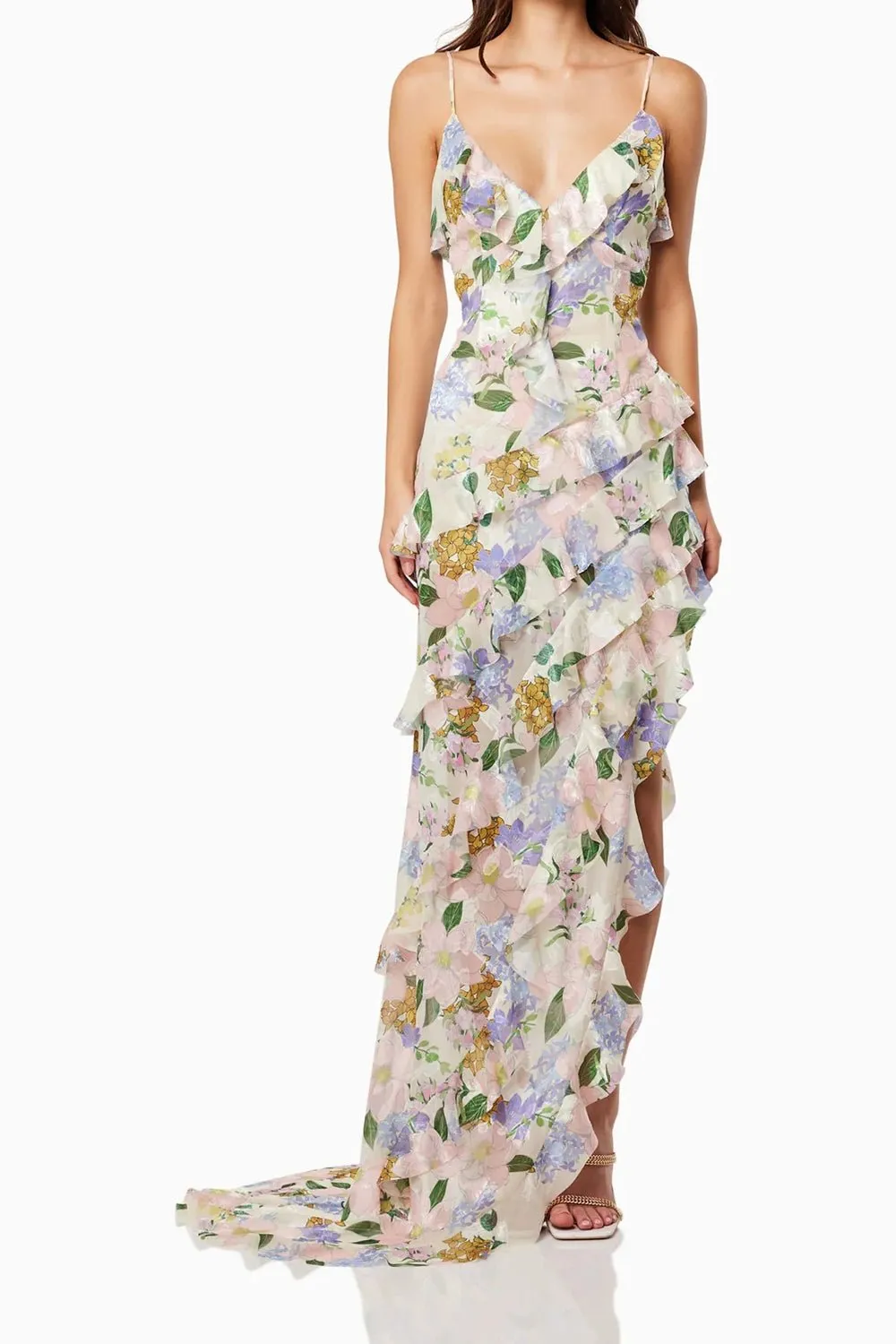 Asymmetrical Ruffled Floral Draped Maxi Dress in Beige