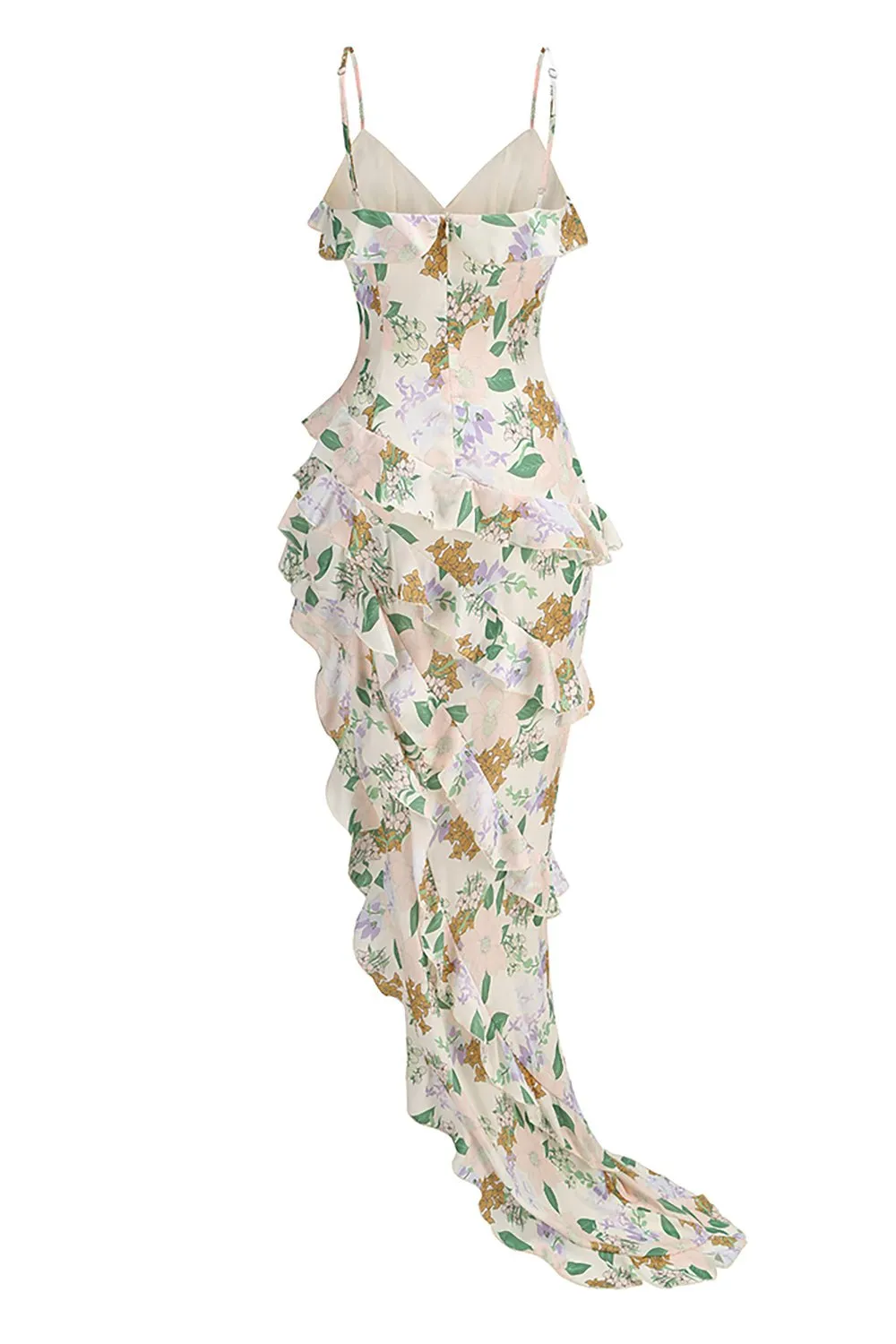 Asymmetrical Ruffled Floral Draped Maxi Dress in Beige