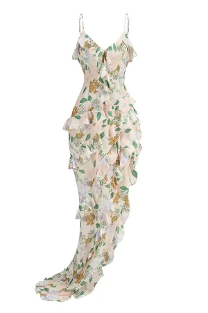 Asymmetrical Ruffled Floral Draped Maxi Dress in Beige