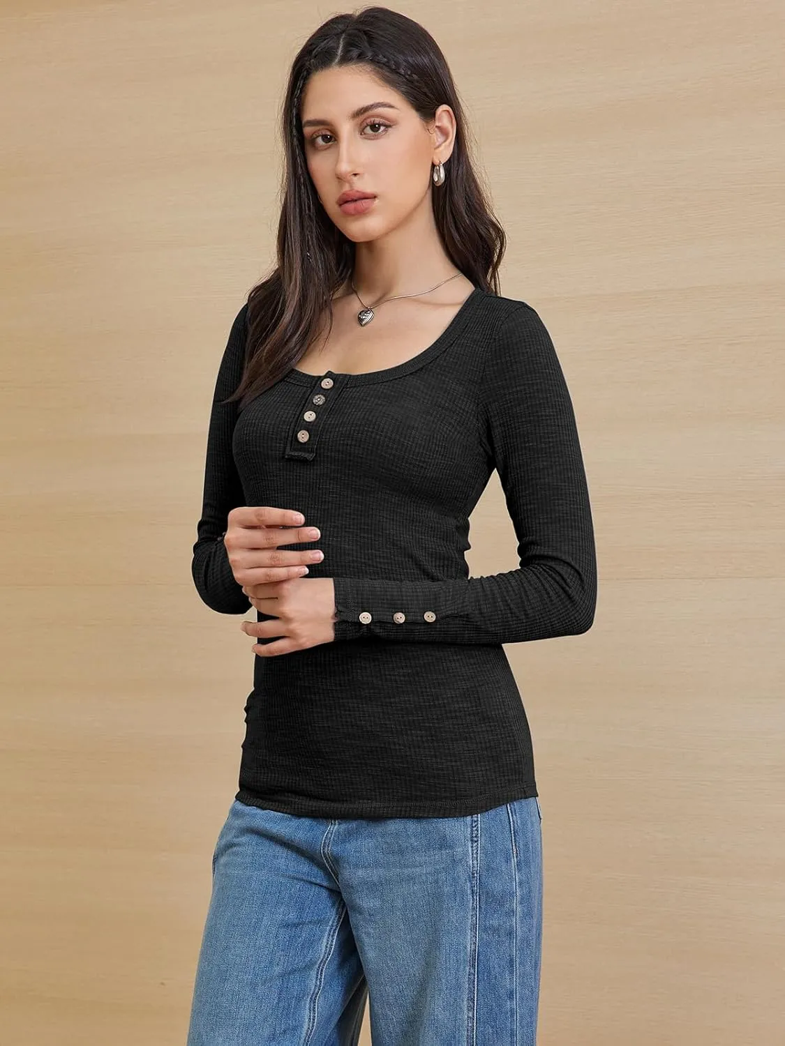 ATHMILE Women's Long Sleeve Shirts Casual Fall Henley Top Button Down Blouses Basic Ribbed Knit T Shirts 2025
