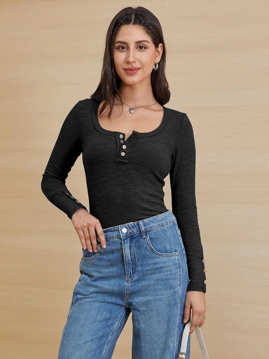 ATHMILE Women's Long Sleeve Shirts Casual Fall Henley Top Button Down Blouses Basic Ribbed Knit T Shirts 2025