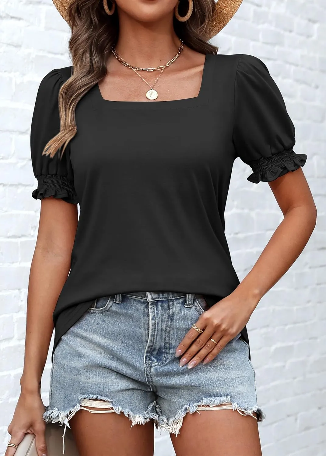 ATHMILE Womens Summer Tops Square Neck Dressy Casual Ruffle Trim Sleeve Cute T Shirts Trendy Clothes