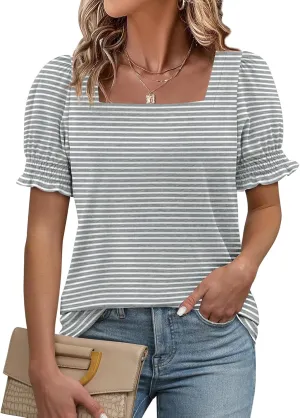 ATHMILE Womens Summer Tops Square Neck Dressy Casual Ruffle Trim Sleeve Cute T Shirts Trendy Clothes