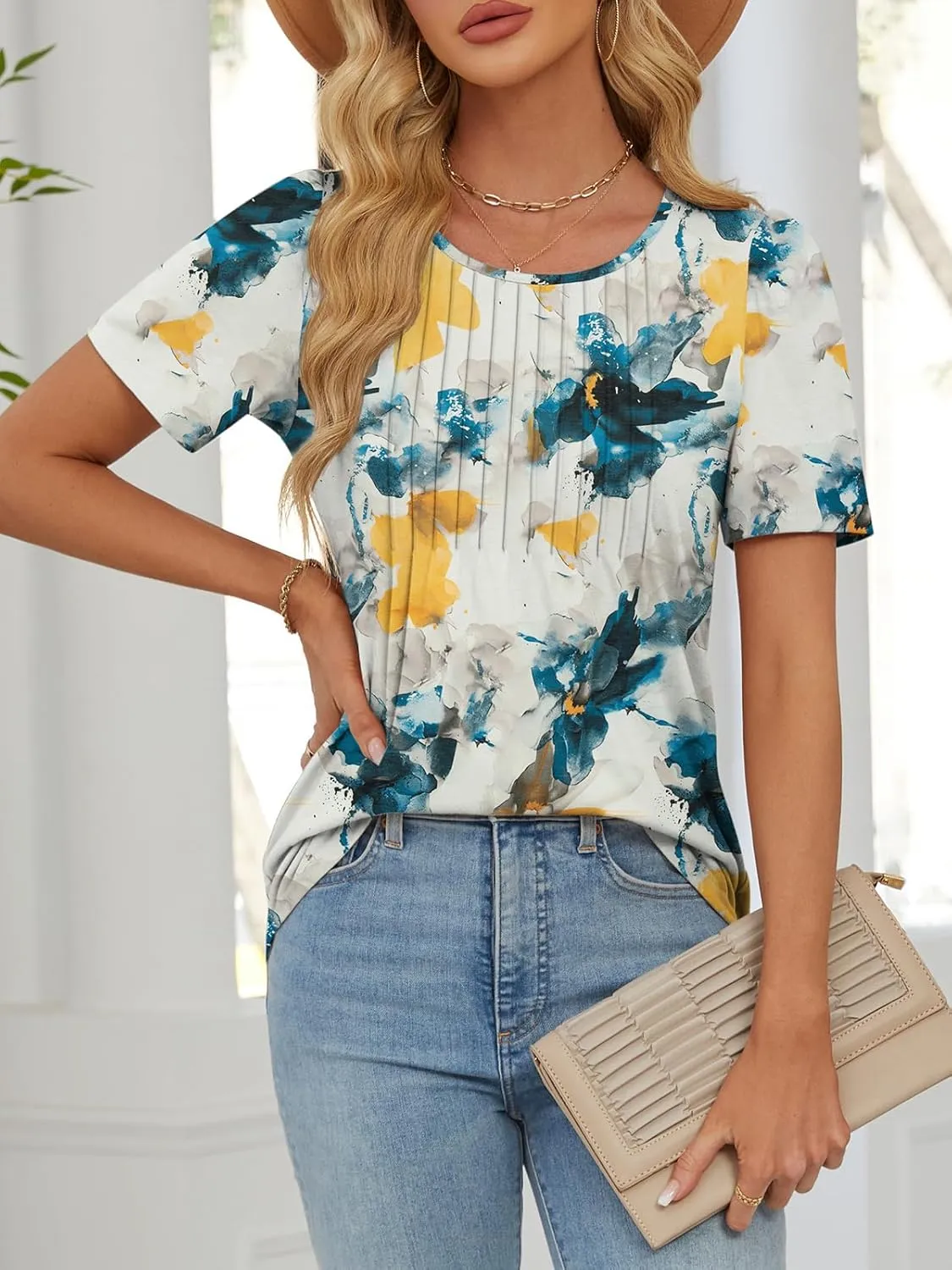 ATHMILE Womens T Shirts Short Sleeve Summer Tops Pleated Dressy Casual Blouses Spring Clothes Beach Vacation 2025
