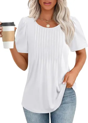 ATHMILE Womens T Shirts Short Sleeve Summer Tops Pleated Dressy Casual Blouses Spring Clothes Beach Vacation 2025