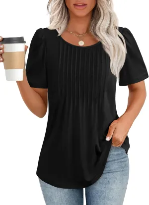 ATHMILE Womens T Shirts Short Sleeve Summer Tops Pleated Dressy Casual Blouses Spring Clothes Beach Vacation 2025