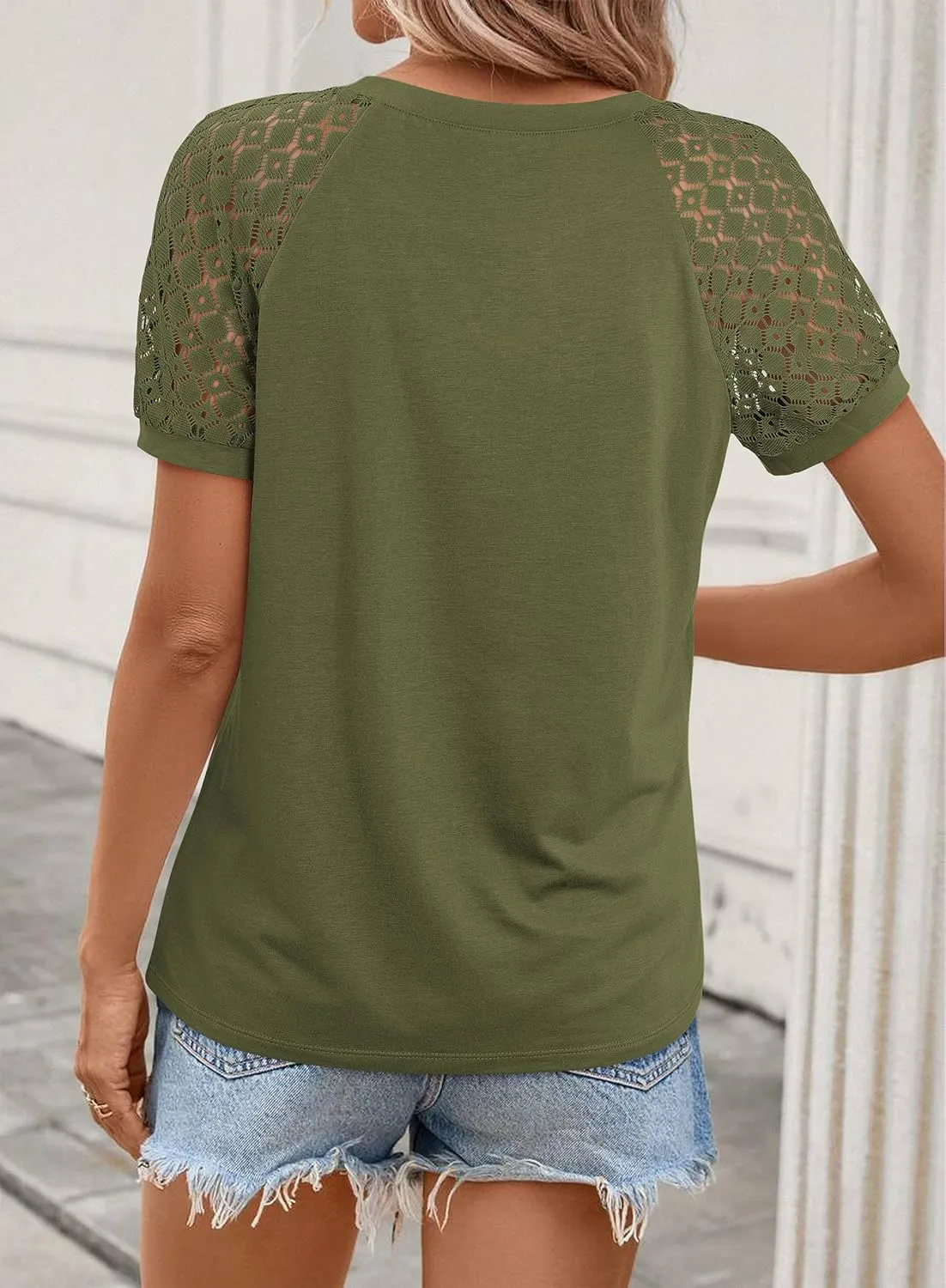 ATHMILE Womens Tshirts Trendy Fashion Tops Lace Short Sleeve Business Tee Shirts Casual Knitted Blouses Summer Outfits 2025