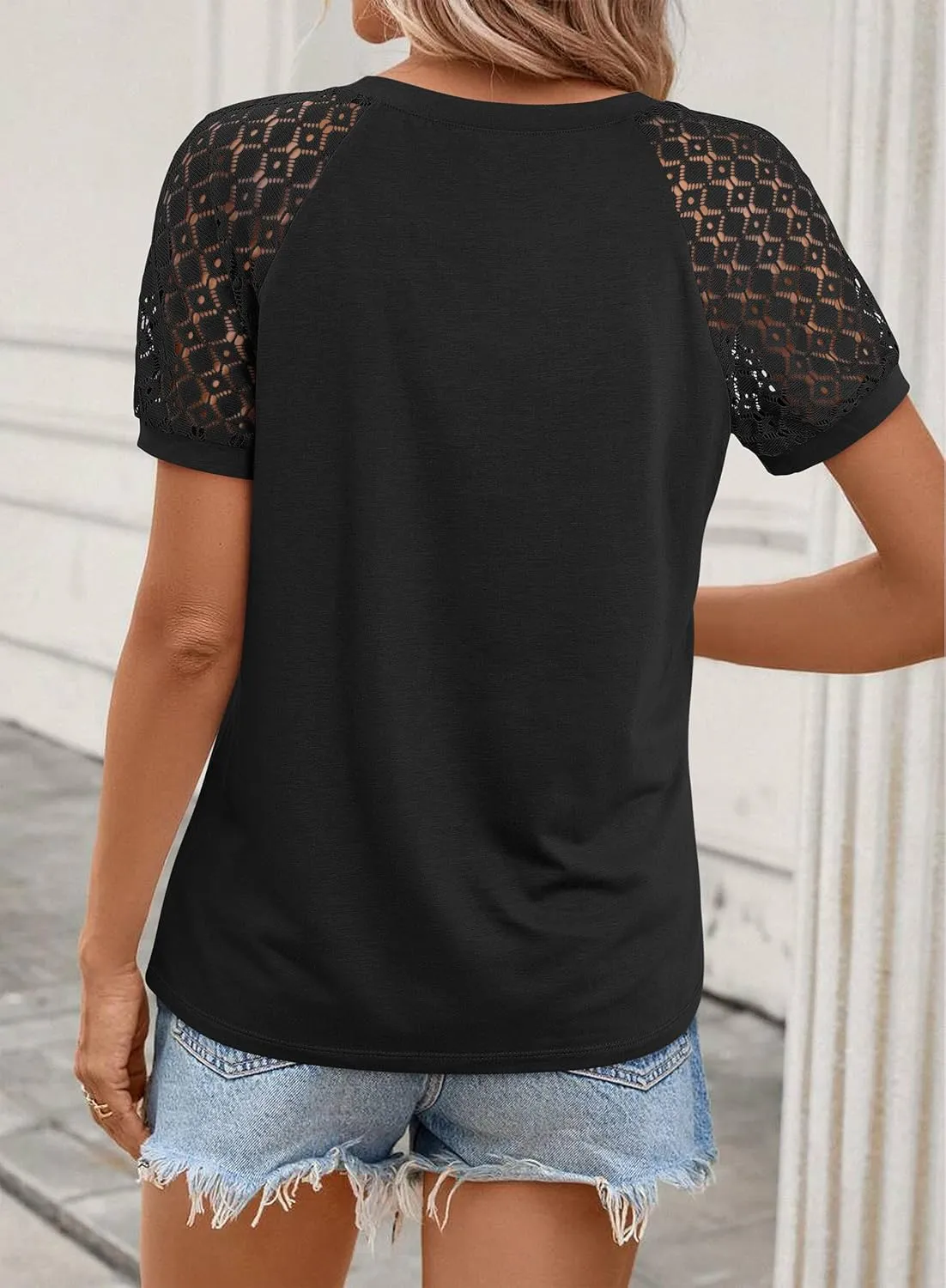 ATHMILE Womens Tshirts Trendy Fashion Tops Lace Short Sleeve Business Tee Shirts Casual Knitted Blouses Summer Outfits 2025