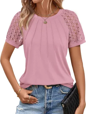 ATHMILE Womens Tshirts Trendy Fashion Tops Lace Short Sleeve Business Tee Shirts Casual Knitted Blouses Summer Outfits 2025