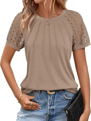 ATHMILE Womens Tshirts Trendy Fashion Tops Lace Short Sleeve Business Tee Shirts Casual Knitted Blouses Summer Outfits 2025