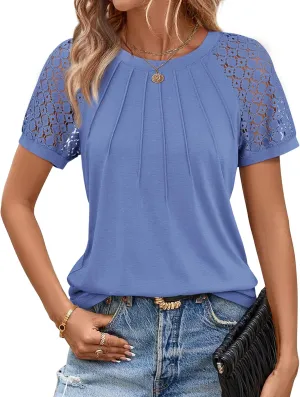 ATHMILE Womens Tshirts Trendy Fashion Tops Lace Short Sleeve Business Tee Shirts Casual Knitted Blouses Summer Outfits 2025