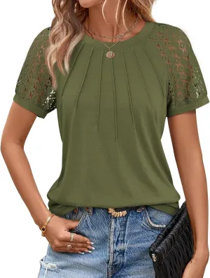 ATHMILE Womens Tshirts Trendy Fashion Tops Lace Short Sleeve Business Tee Shirts Casual Knitted Blouses Summer Outfits 2025