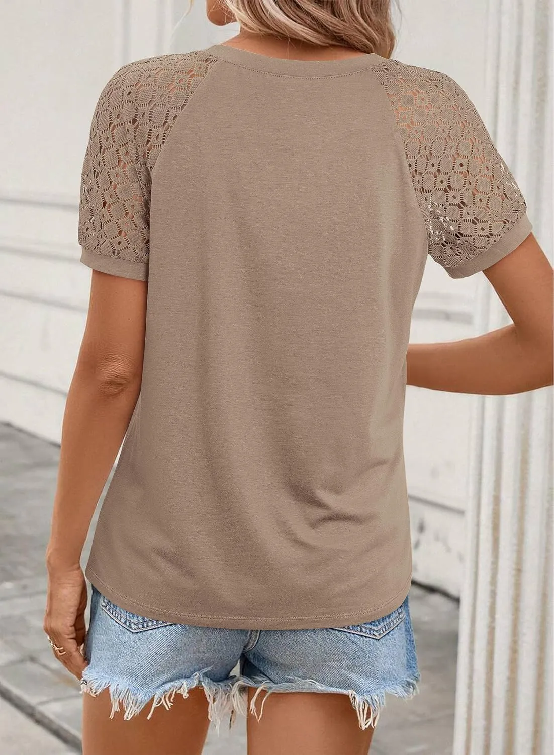 ATHMILE Womens Tshirts Trendy Fashion Tops Lace Short Sleeve Business Tee Shirts Casual Knitted Blouses Summer Outfits 2025