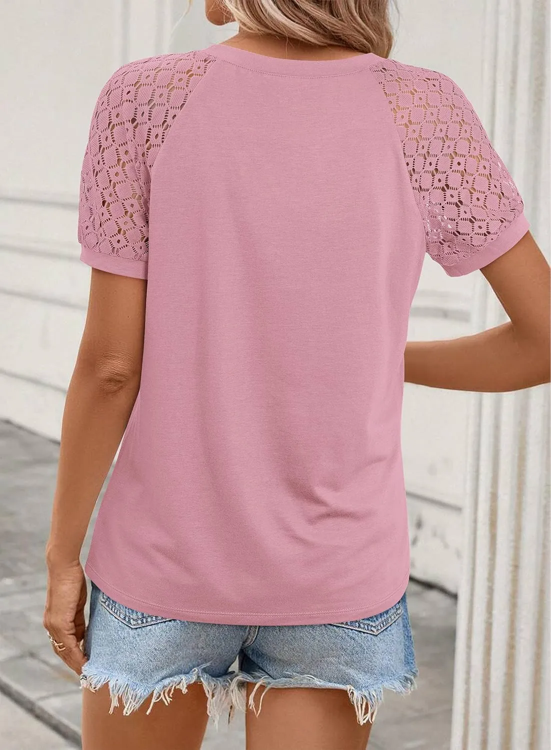 ATHMILE Womens Tshirts Trendy Fashion Tops Lace Short Sleeve Business Tee Shirts Casual Knitted Blouses Summer Outfits 2025