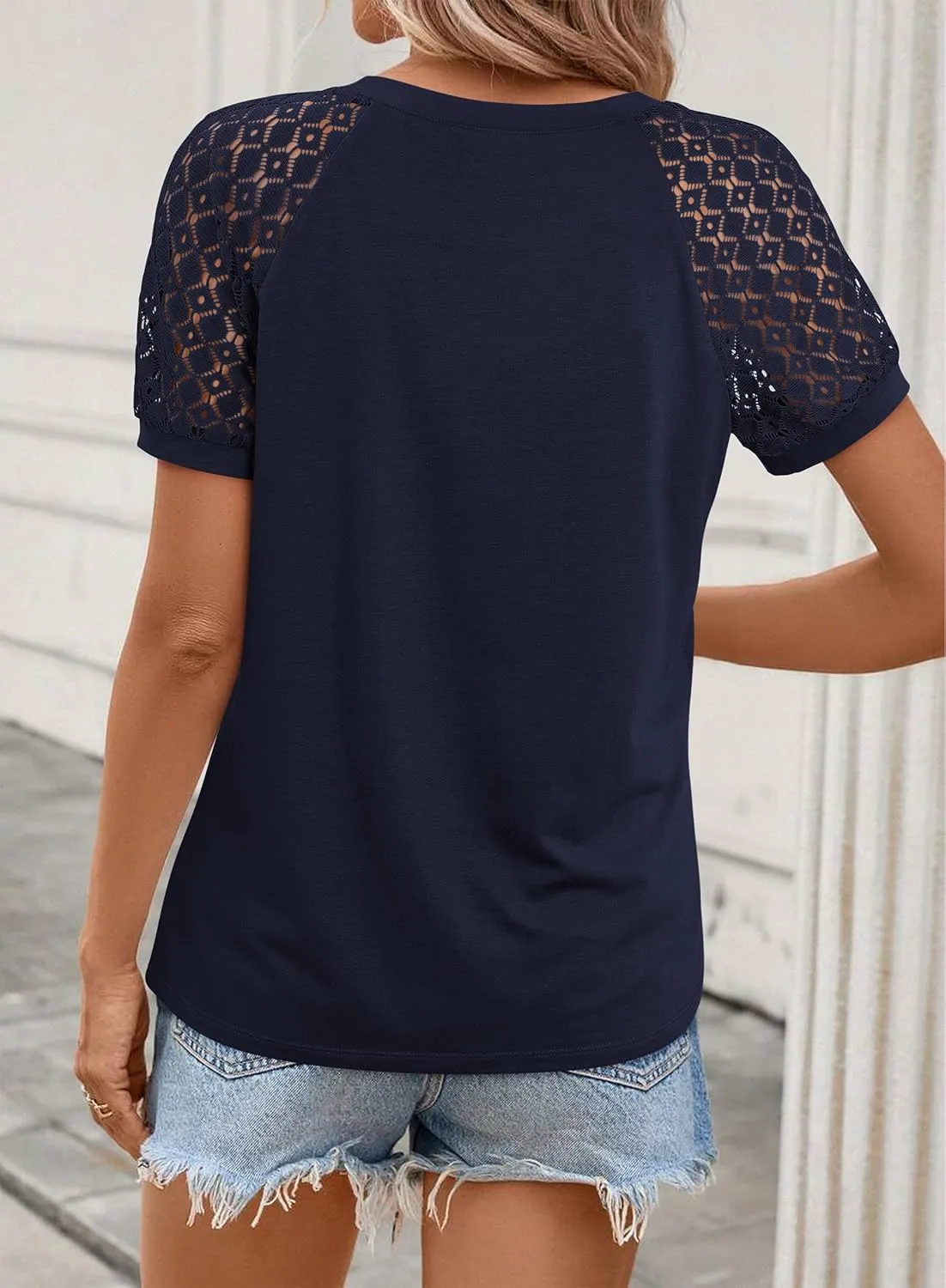 ATHMILE Womens Tshirts Trendy Fashion Tops Lace Short Sleeve Business Tee Shirts Casual Knitted Blouses Summer Outfits 2025