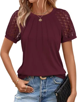 ATHMILE Womens Tshirts Trendy Fashion Tops Lace Short Sleeve Business Tee Shirts Casual Knitted Blouses Summer Outfits 2025
