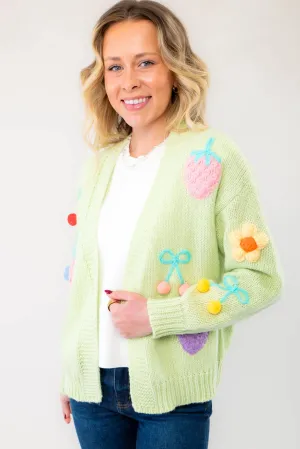 Basket of Fruit Green Knit Open Front Cardigan