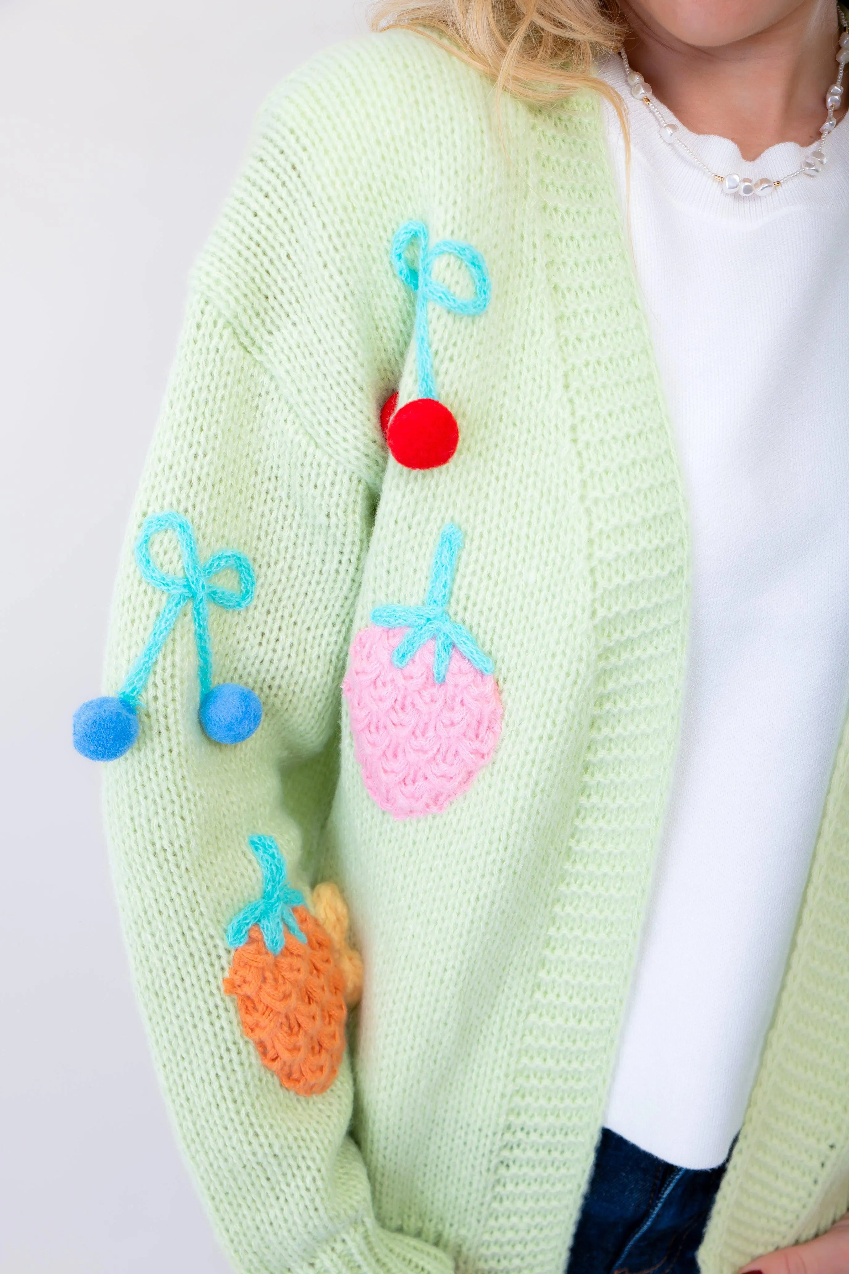 Basket of Fruit Green Knit Open Front Cardigan