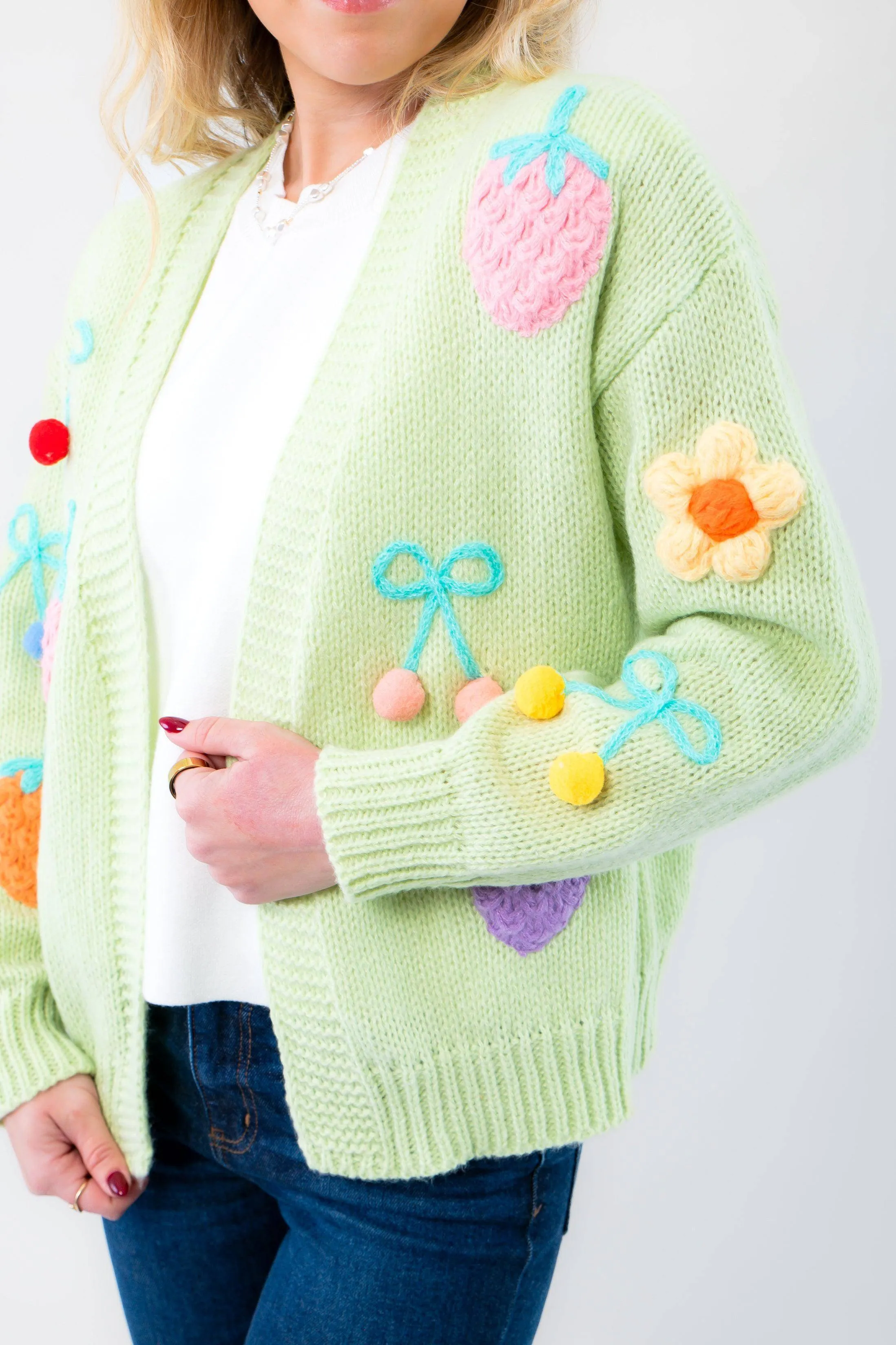 Basket of Fruit Green Knit Open Front Cardigan
