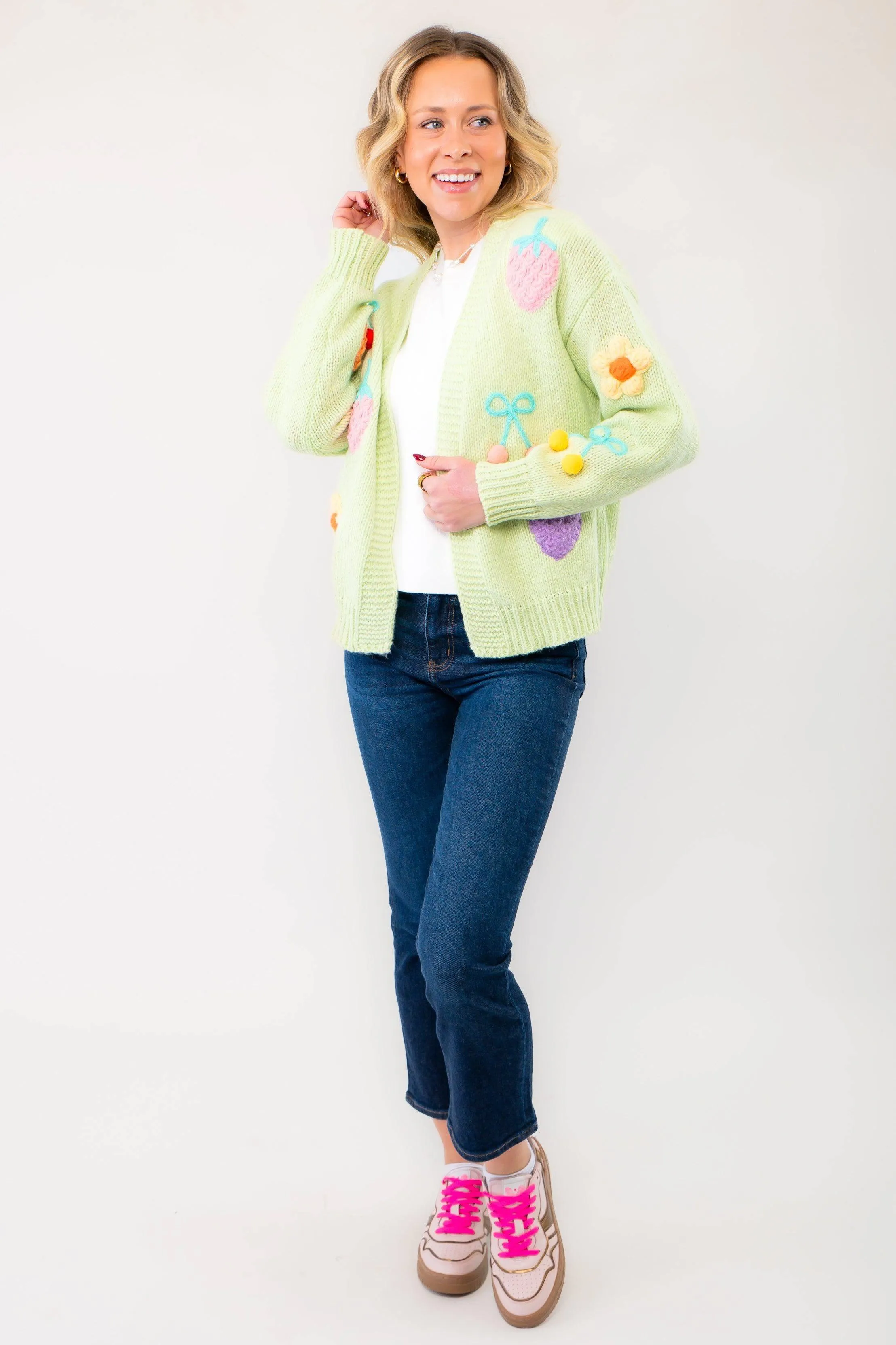 Basket of Fruit Green Knit Open Front Cardigan