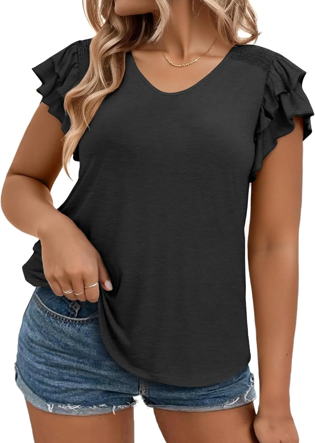 Beautife Womens Plus Size Smocked Ruffle Sleeve T Shirts Summer V Neck Dressy Casual Tunic Tops Loose Fit Curvy Tee