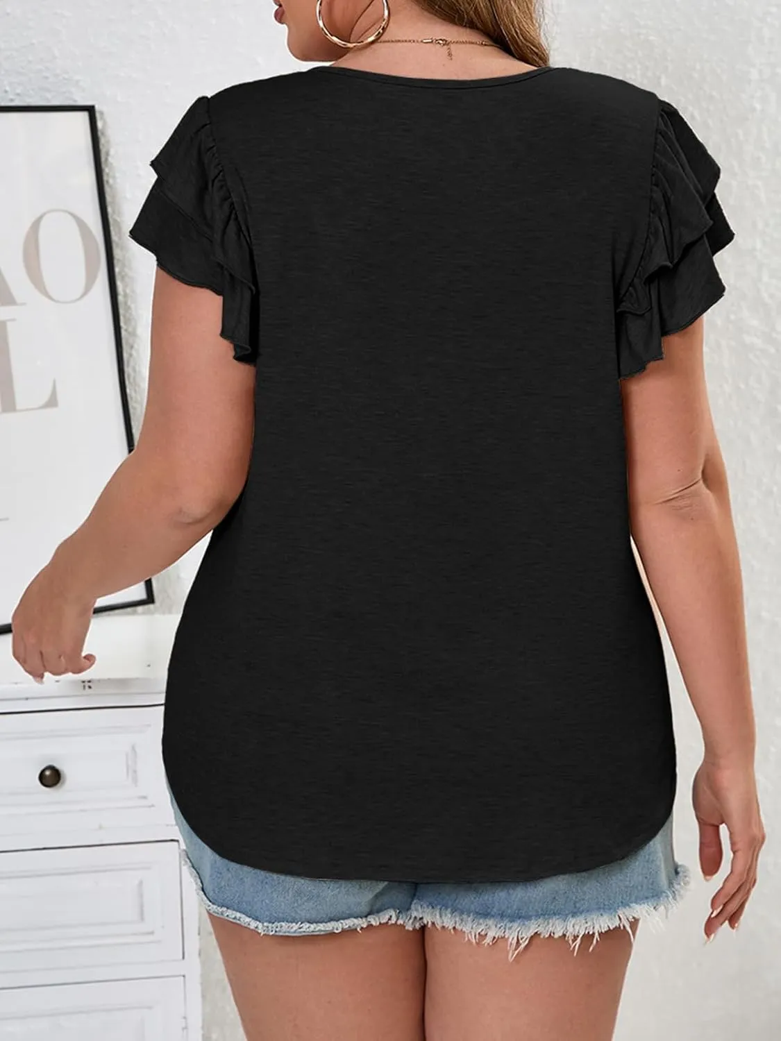 Beautife Womens Plus Size Smocked Ruffle Sleeve T Shirts Summer V Neck Dressy Casual Tunic Tops Loose Fit Curvy Tee