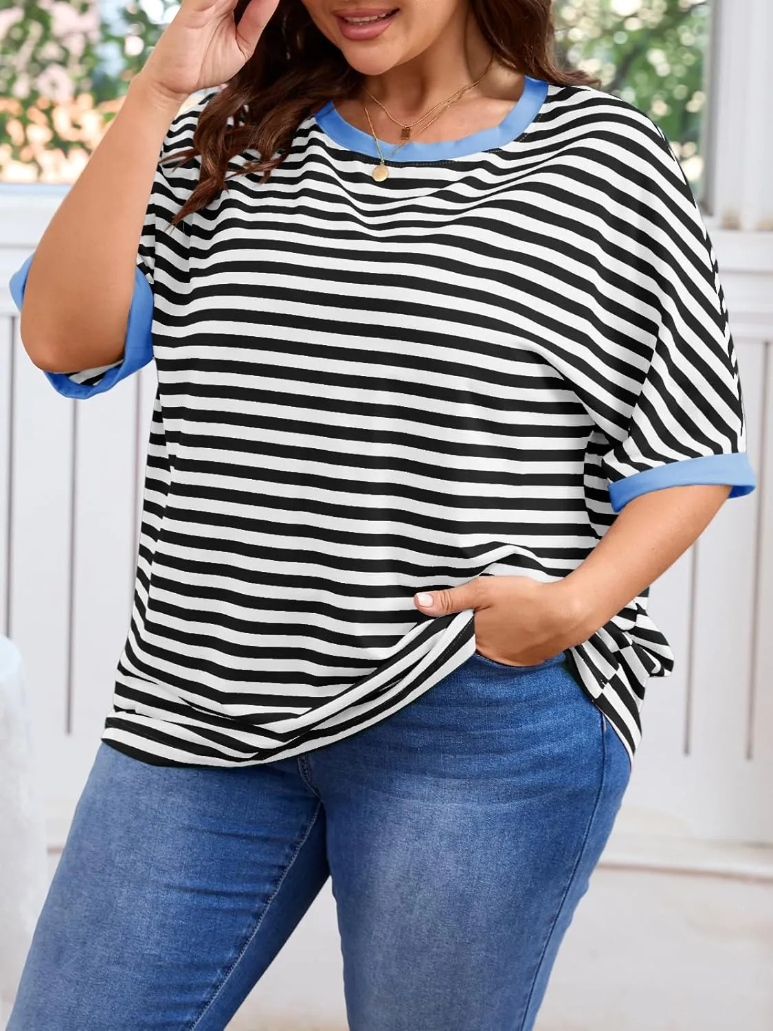 Beautife Womens Plus Size Tops 2025 Summer Oversized Striped Shirts Loose Fit Crew Neck Half Sleeve Tee Shirts