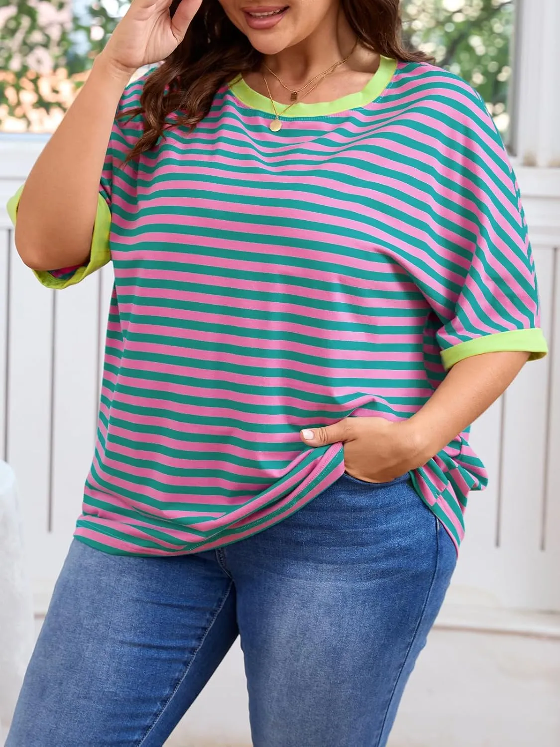 Beautife Womens Plus Size Tops 2025 Summer Oversized Striped Shirts Loose Fit Crew Neck Half Sleeve Tee Shirts