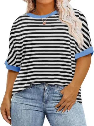 Beautife Womens Plus Size Tops 2025 Summer Oversized Striped Shirts Loose Fit Crew Neck Half Sleeve Tee Shirts