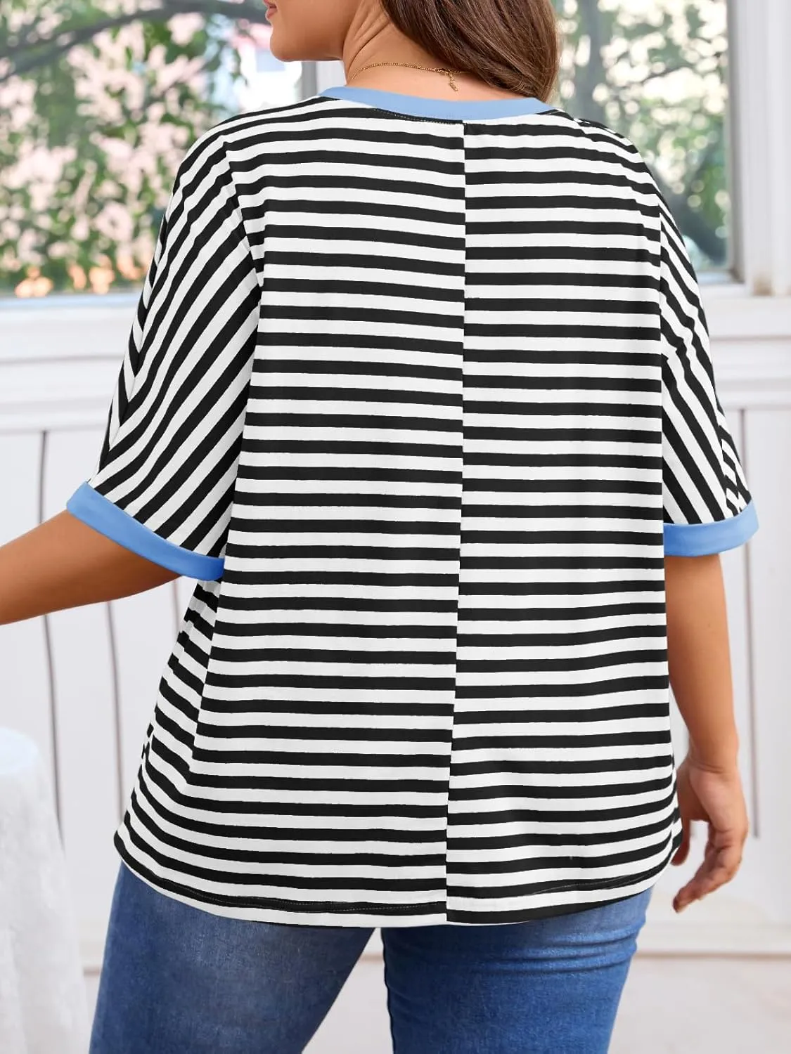 Beautife Womens Plus Size Tops 2025 Summer Oversized Striped Shirts Loose Fit Crew Neck Half Sleeve Tee Shirts