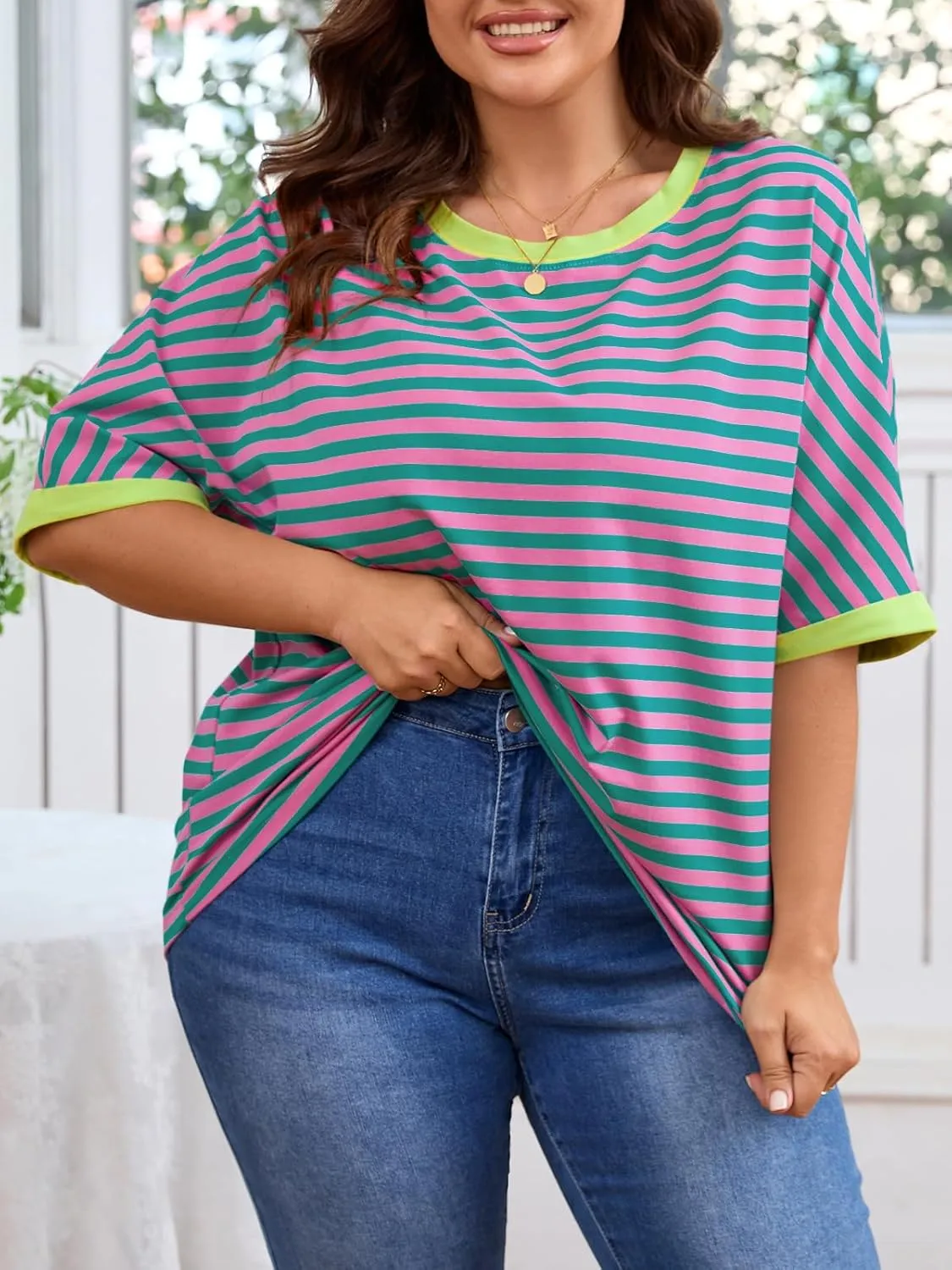 Beautife Womens Plus Size Tops 2025 Summer Oversized Striped Shirts Loose Fit Crew Neck Half Sleeve Tee Shirts
