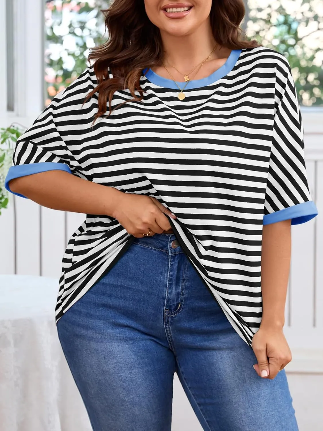 Beautife Womens Plus Size Tops 2025 Summer Oversized Striped Shirts Loose Fit Crew Neck Half Sleeve Tee Shirts