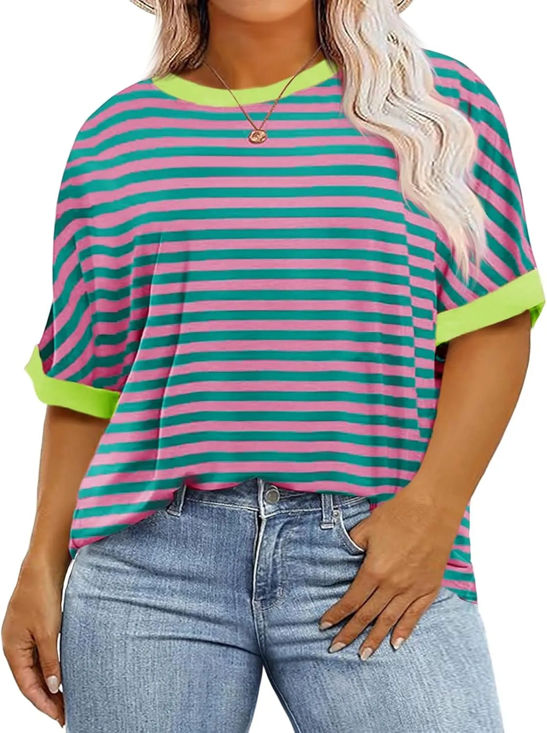 Beautife Womens Plus Size Tops 2025 Summer Oversized Striped Shirts Loose Fit Crew Neck Half Sleeve Tee Shirts