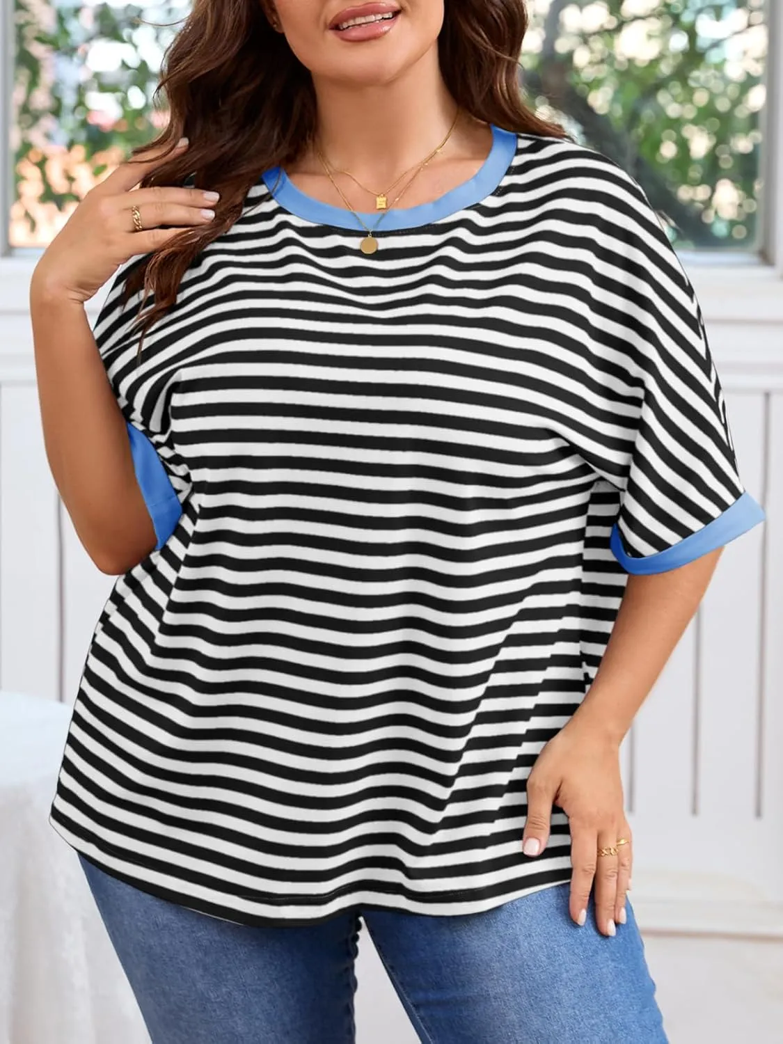 Beautife Womens Plus Size Tops 2025 Summer Oversized Striped Shirts Loose Fit Crew Neck Half Sleeve Tee Shirts