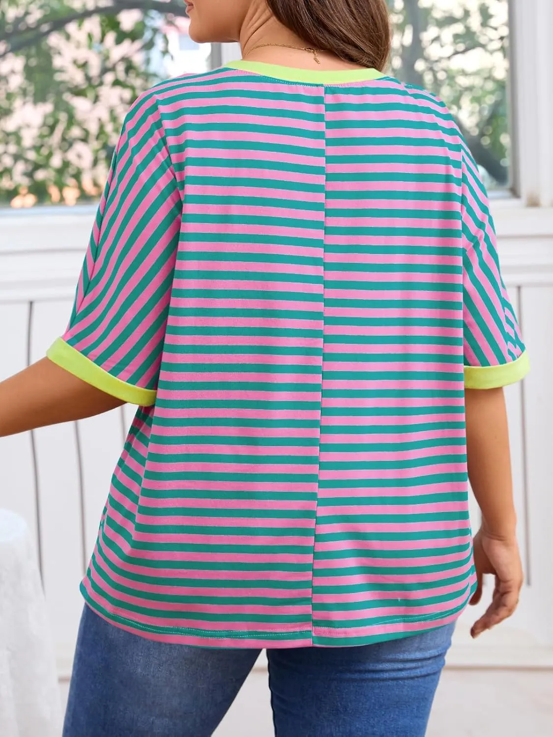 Beautife Womens Plus Size Tops 2025 Summer Oversized Striped Shirts Loose Fit Crew Neck Half Sleeve Tee Shirts