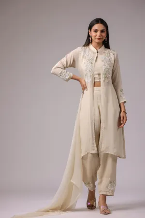 Beige Gold Floral Embroidered Chinon Silk Cape Set