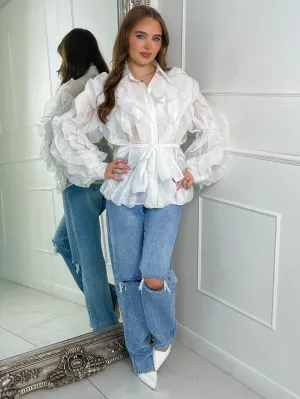 Belted Ruffle Detail Mesh Shirt - White