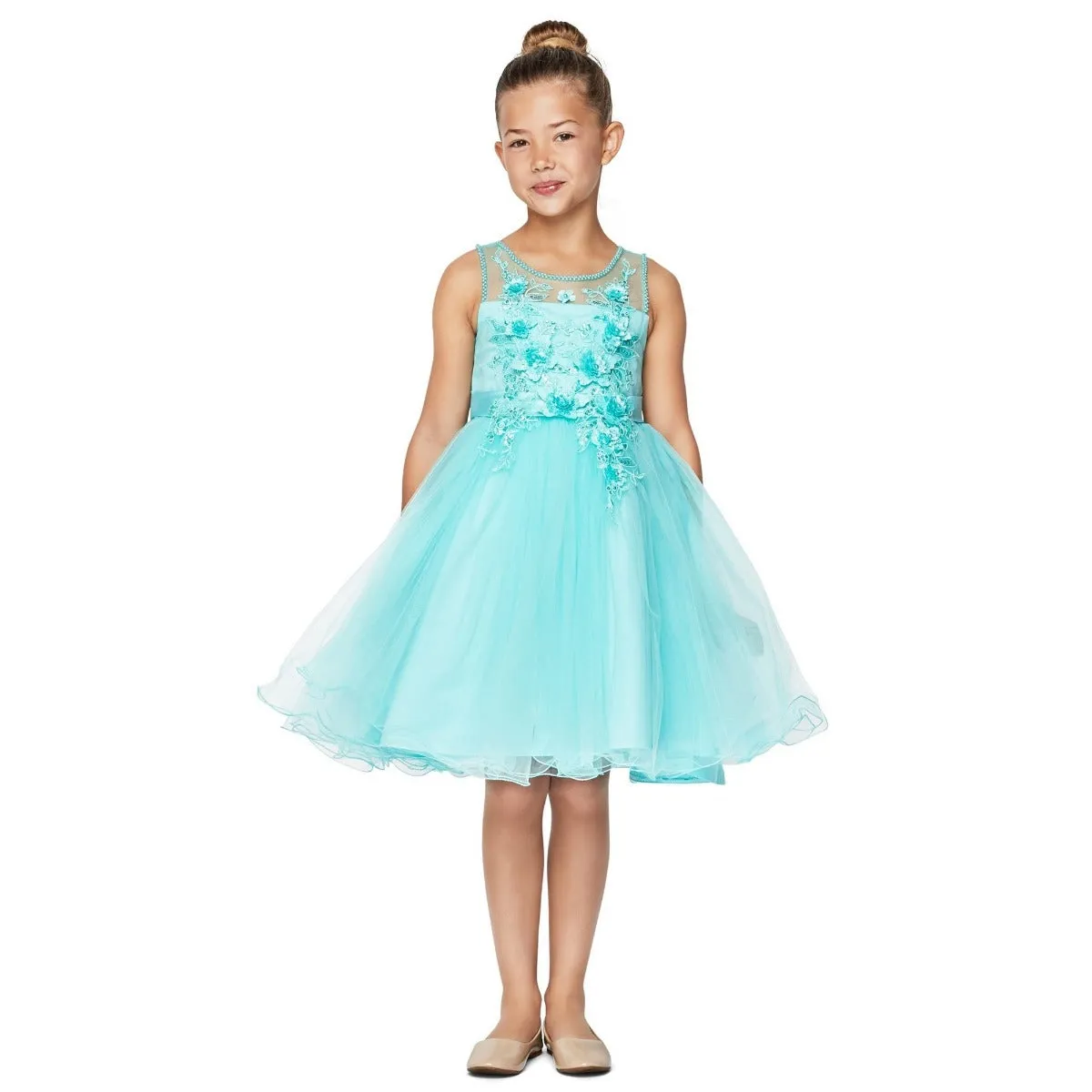 Big Girls Aqua 3D Floral Sequin Wired Tulle Skirt Junior Bridesmaid Dress 8-12