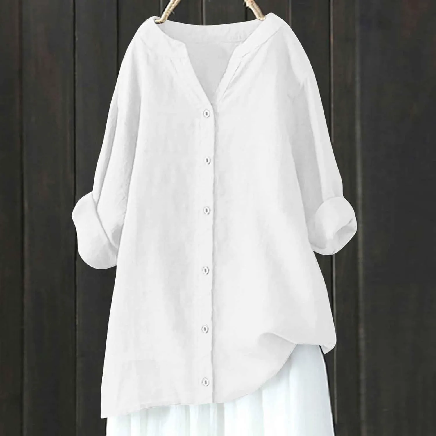 Binmer Women Linen Button Down Shirt Oversized Long Sleeve Blouse Ladies Summer Casual V Neck Beach Top.Plus Size S-5X