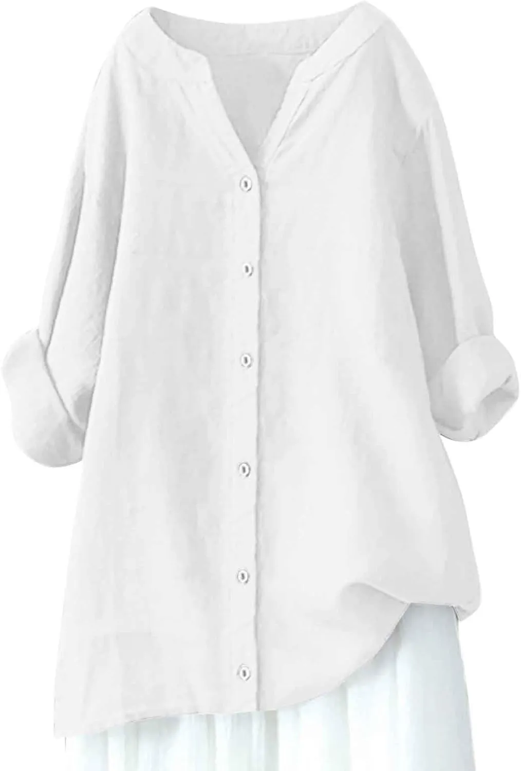 Binmer Women Linen Button Down Shirt Oversized Long Sleeve Blouse Ladies Summer Casual V Neck Beach Top.Plus Size S-5X