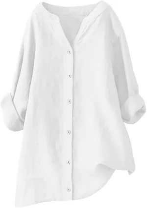 Binmer Women Linen Button Down Shirt Oversized Long Sleeve Blouse Ladies Summer Casual V Neck Beach Top.Plus Size S-5X