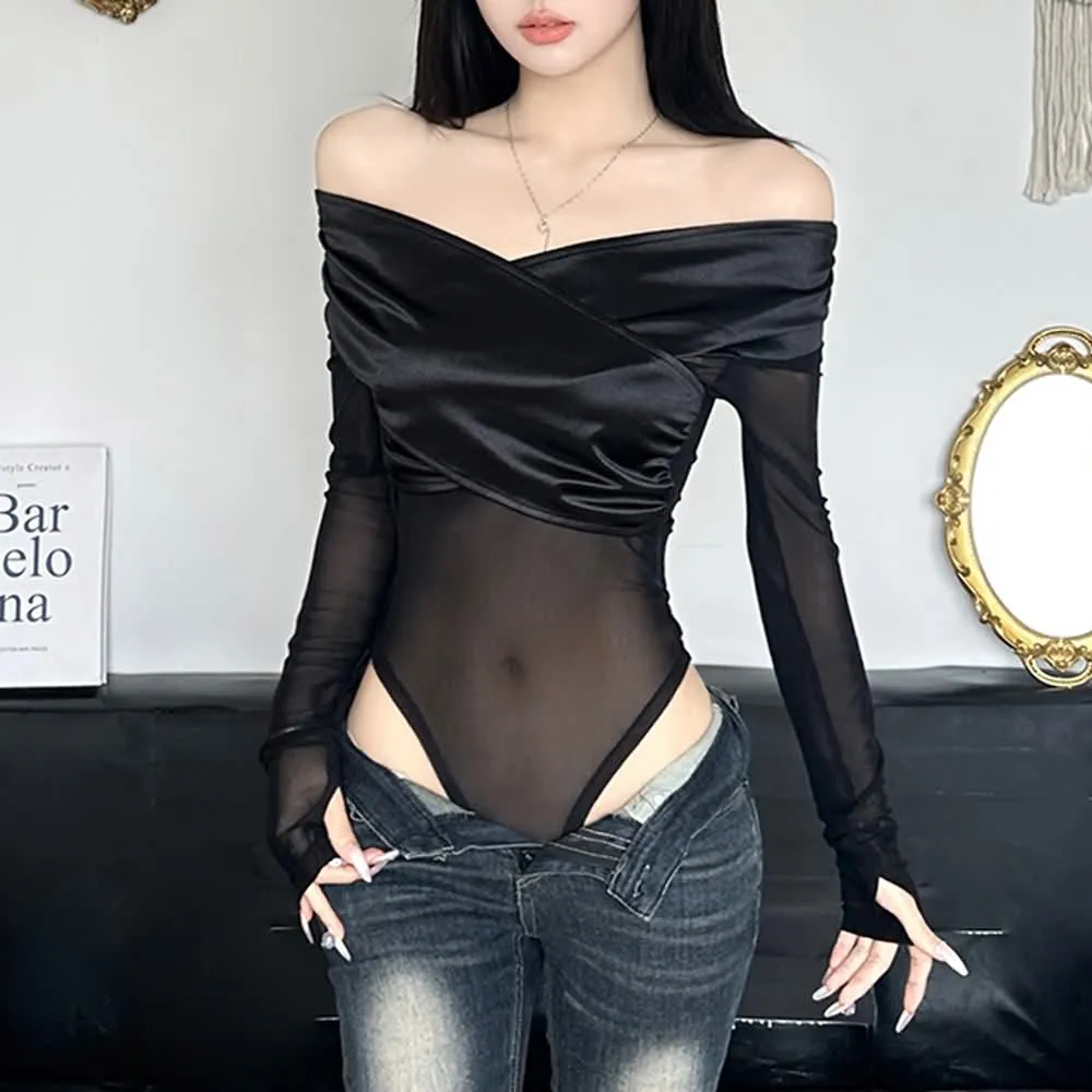 Black Mesh Off The Shoulder Long Sleeve Bodysuit