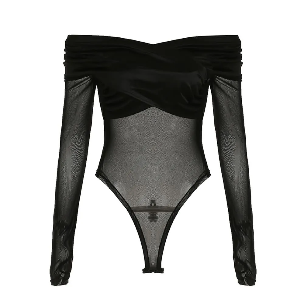 Black Mesh Off The Shoulder Long Sleeve Bodysuit